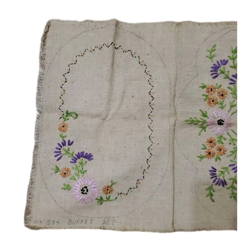 Vintage Embroidered Linen Buffet Set Flowers INCOMPLETE